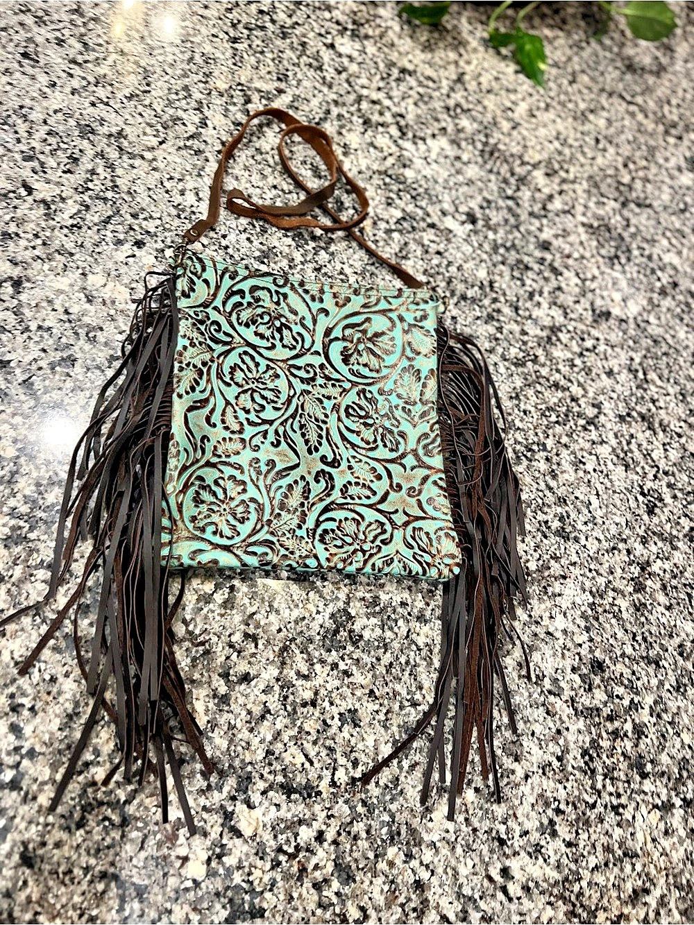 Paisley Fringe Crossbody in Green & Brown Like New